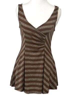 Brown Metallic-Striped Sleeveless V-Neck Top